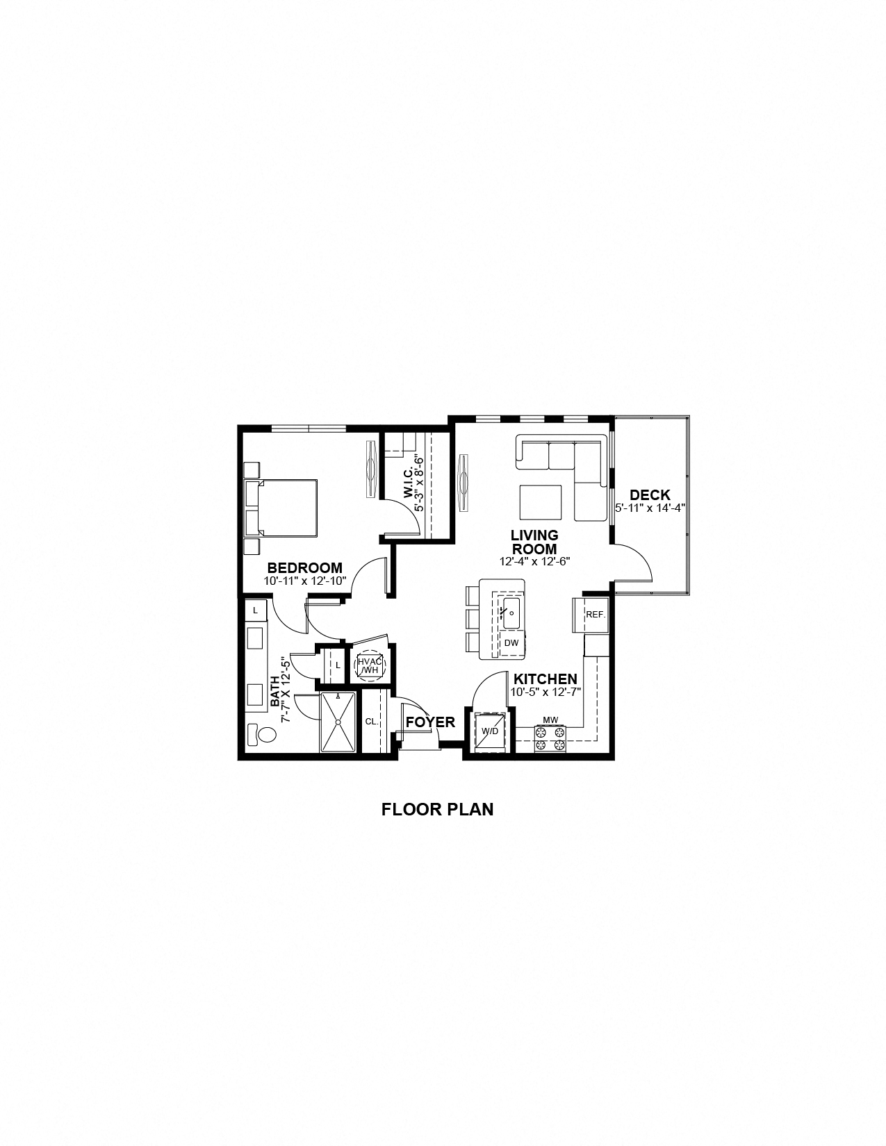 Floor plan for 1 bed, 1 bath, 762 sqft